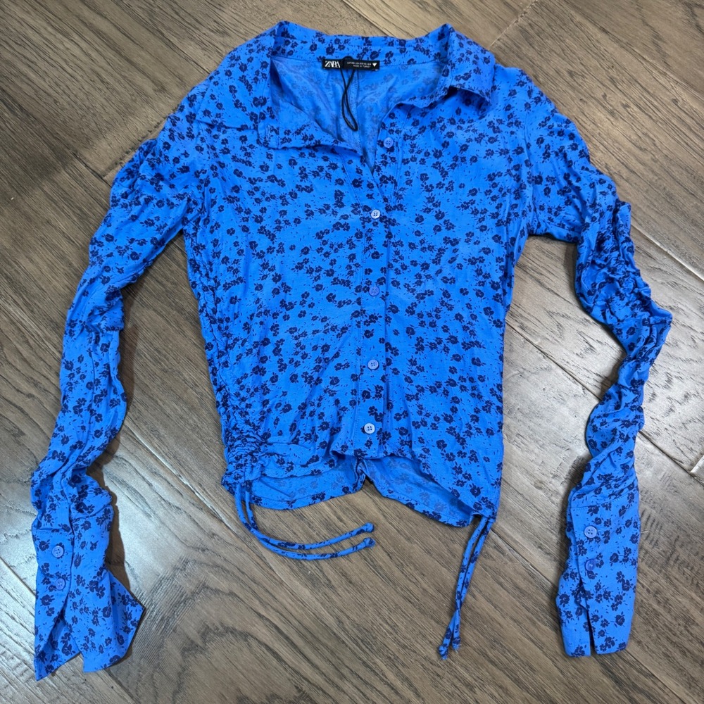 Zara XS Floral‎ Print Ruched Sleeve Button Down Crop Blouse Top Blue